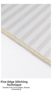 Detail of grey striped mat featuring durable reinforced edge stitching and double lock-stitch