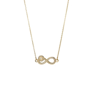 Detail of golden infinity symbol pendant featuring micro-set sparkling cubic zirconia