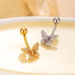 Gold and silver stainless steel butterfly belly rings with sparkling zircon inlay