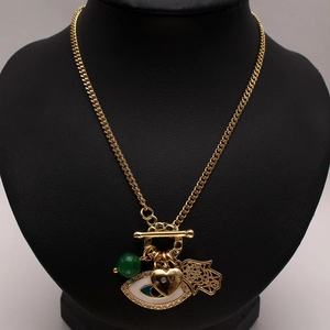 Gold evil eye heart and Hamsa hand pendant necklace with green bead and OT clasp