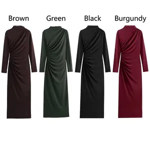 Geripptes Bodycon Maxikleid Langarm Hochgeschlossen Einfarbig Polyester Dehnbar Schlanke Passform Party Elegant Damen