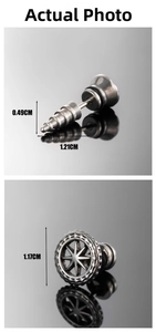 Macro detail of silver cross star stud earring with dimensions showing industrial screw design
