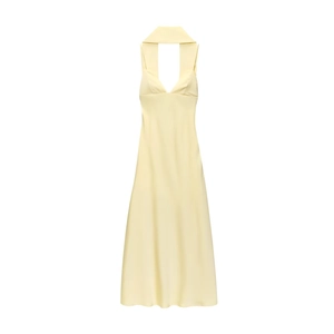 Elegante abito midi in raso giallo pallido con scollo all'americana e finitura lucida