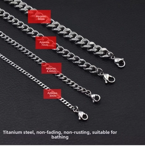 Detail of silver titanium steel Cuban chains in 3mm to 9mm widths with lobster clasps