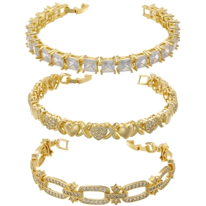 Elegant Tennis Bracelet Brass Cubic Zirconia Sparkling Heart Square Star Geometry Shape Folding Clasp Fashion Women Jewelry