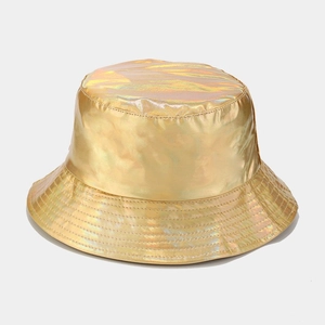 Detailed view of golden holographic PU leather bucket hat with multi-row stitched brim