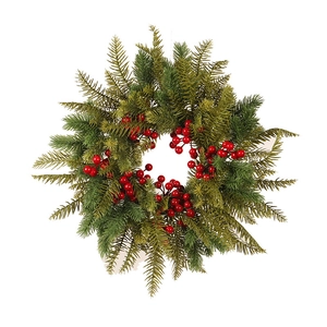 Christmas wreath with artificial red berries and green pine needles on white background