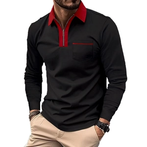Detail of men's slim fit polo with red collar accent and functional chest pocket