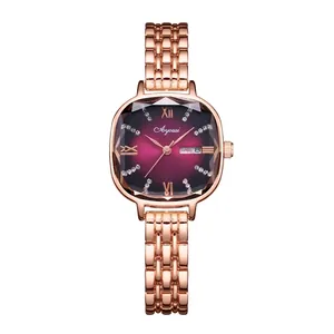 Montre à quartz carrée or rose avec cadran dégradé bordeaux et index en strass brillants