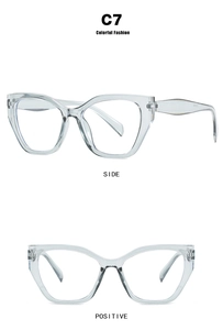 Detailed view of cat-eye glasses frame in transparent grey with C7 color code