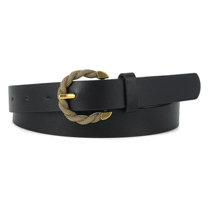 Vintage black PU leather skinny belt featuring a gold woven texture round pin buckle