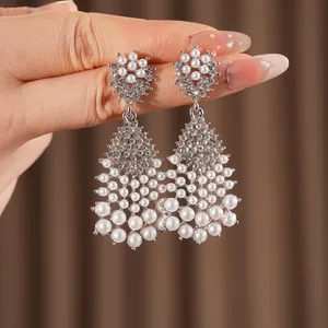 Silver needle drop earrings with diamonds and pearls in a vintage French tassels style