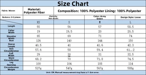 Detailed size chart for women's 3-piece jacket and skirt set in army green