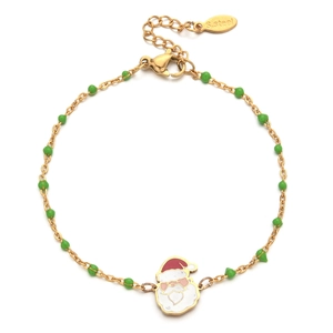 Detail of Santa Claus charm and green beads on gold-tone stainless steel bracelet