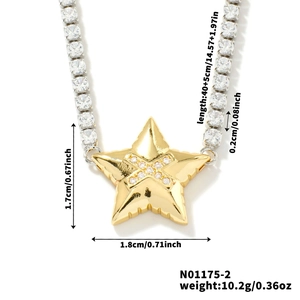 Detail view of gold star pendant necklace with size specs 1.7x1.8cm and tennis chain