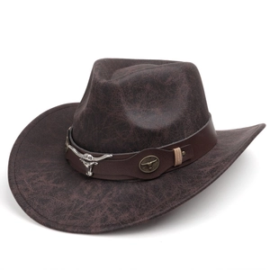 Dark brown distressed suede western cowboy hat with silver bull head and vintage emblems