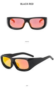 Detailed front and side views of black square sunglasses with red-orange lenses