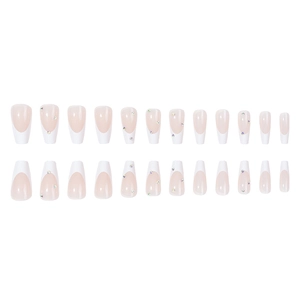 Long ballerina press-on nails with white French tips and colorful sparkling rhinestones