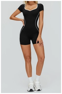 Front view of black athletic bodysuit with white contrast piping and heart square neck