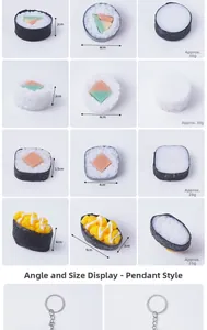 Detailed views of various realistic PVC sushi keychains with specific size measurements