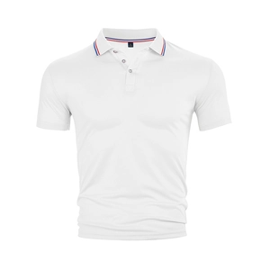 Detail of white pique cotton polo shirt featuring tri-color striped collar and M size tag