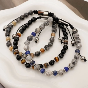 Natural Stone Beaded Bracelet For Men Adjustable Faceted Lapis Lazuli Tiger Eye Jasper Stainless Steel Jewelry