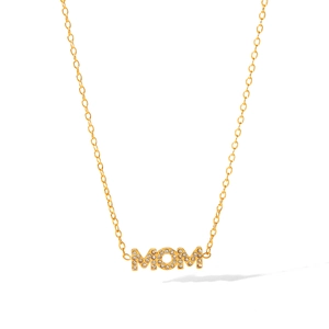 Macro view of gold 18K plated stainless steel MOM letter pendant necklace with sparkling gems