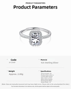 Detail view showing a 925 sterling silver ring with 1.0 carat emerald cut zircon center stone