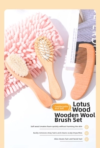 Macro shot of a three-piece natural lotus wood baby brush set with soft wool bristles