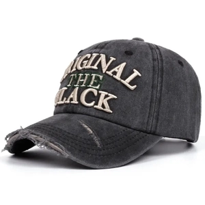 Distressed wash denim baseball cap with Original The Black embroidery 45-degree view