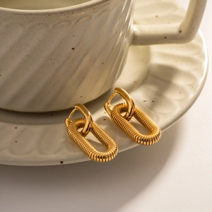 Fashion Stainless Steel Gold Plated Spiral Threaded Oval Pendant Hoop Earrings Exaggerated Chain Jewelry For Women