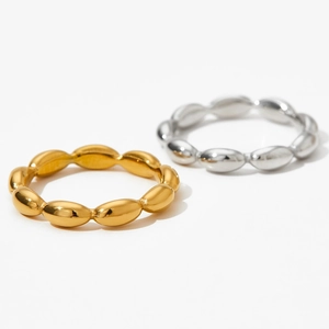 Minimalist stainless steel oval bead rings in polished gold and silver finishes