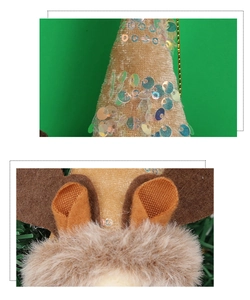 Détail de gnome de Noël montrant des paillettes beige et texture bois d'élan doux