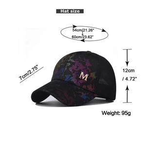 Detailed size specifications for a black camouflage mesh cap with golden M logo