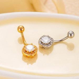 Polished stainless steel navel rings with cubic zirconia inlay in gold and silver finishes