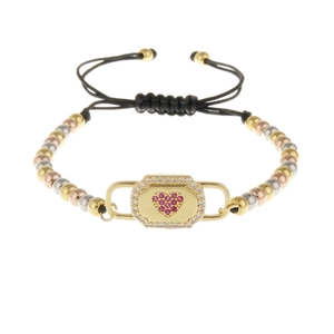 Adjustable woven cord bracelet with pink zircon heart charm and metallic beads