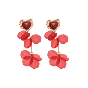 French vintage heart earrings with red layered flower petals and golden accents