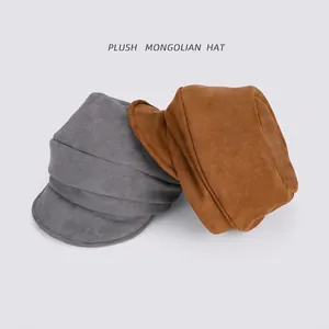 Retro faux suede beret and newsboy hats in dark grey and tan for winter warmth