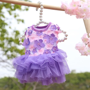 Detail of pink floral embroidery and layered purple tulle tutu on the dog dress