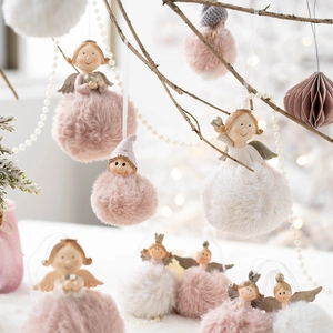 Plush Christmas angel pendants with resin wings and pom-pom bodies for holiday decor