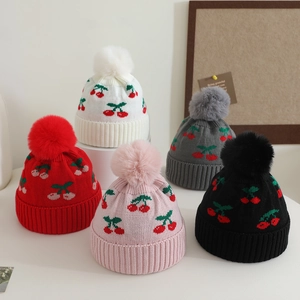 Toddler winter knit hats with cherry jacquard pattern and fluffy faux fur pompoms