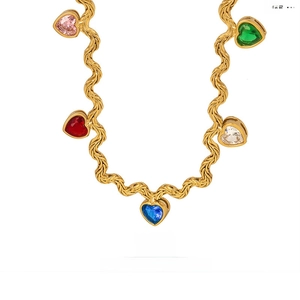 Multicolor Heart Pendant Necklace Gold Titanium Steel Brass Cubic Zirconia Geometric Twist Rope Chain Jewelry For Women