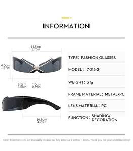 Detailed dimensions of frameless Y2K cyberpunk sunglasses with metal X-shaped bridge