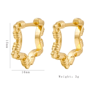 Detailed view of gold star hoop earrings with dimensions 15mm by 16mm and weight 3g