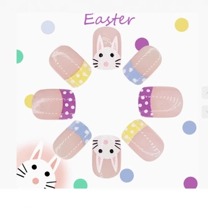 Easter press-on nails set featuring cute white rabbits and colorful polka dots patterns