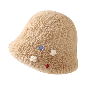 Plush khaki knit bucket hat with white 3D bears and colorful heart buttons