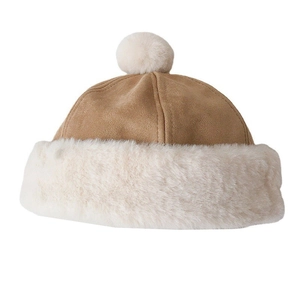 Warm camel suede winter hat for children with thick white faux fur trim and pom-pom topper