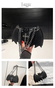 Gothic bat-shaped crossbody bag featuring black faux leather and metal cross hardware