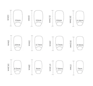 Size chart showing width and length dimensions for ballet press-on nails