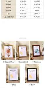 Size chart for minimalist wooden picture frames showing dimensions and varied color options
